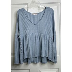 SO Baby Doll Knit Top Juniors Large Relaxed Long Sleeve Soft Sky Blue Ribbed